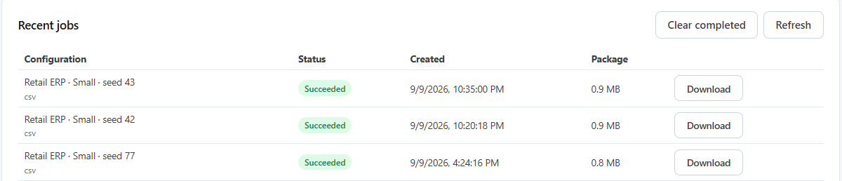 Track your generations — DemoDataWorks Generator screenshot